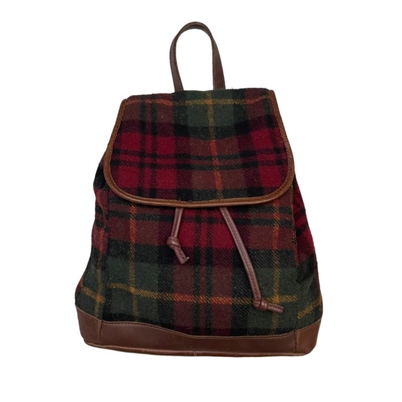 L.L. Bean Vintage Red and Green Plaid Backpack with Brown Leather - Picture 14 of 14